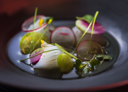 Black egg custard topped with Aori squid and colorful radish, Hideaki Sato (Ta Vie)