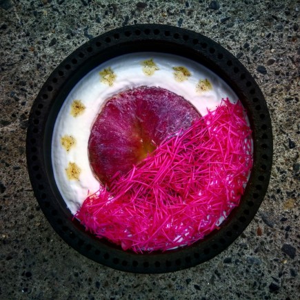 caimito, flor de pomarrosa, hidromiel de vainillay yogurt de bufala (cocina del Caribe colombiano)